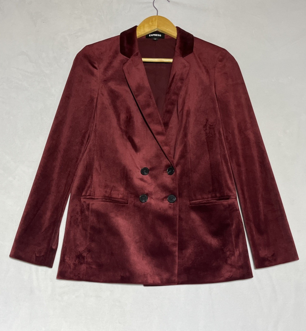 Express Velvet Blazer Double Breasted Womens XS Burgundy Red Holiday Classic